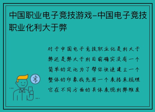 中国职业电子竞技游戏-中国电子竞技职业化利大于弊